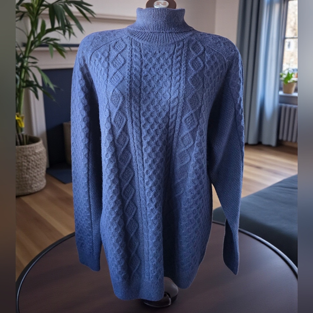 🆕️ M&S Ladies Long Navy Blue Cable Knit Wool Blend Turtleneck Sweater